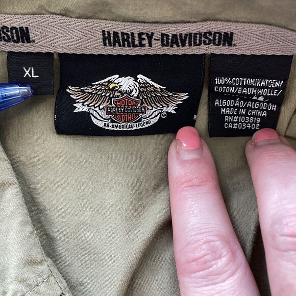 Y2K Harley Davidson Army Green Utility Shirt 100% Cotton Top Womens Size XL - Picture 7 of 10